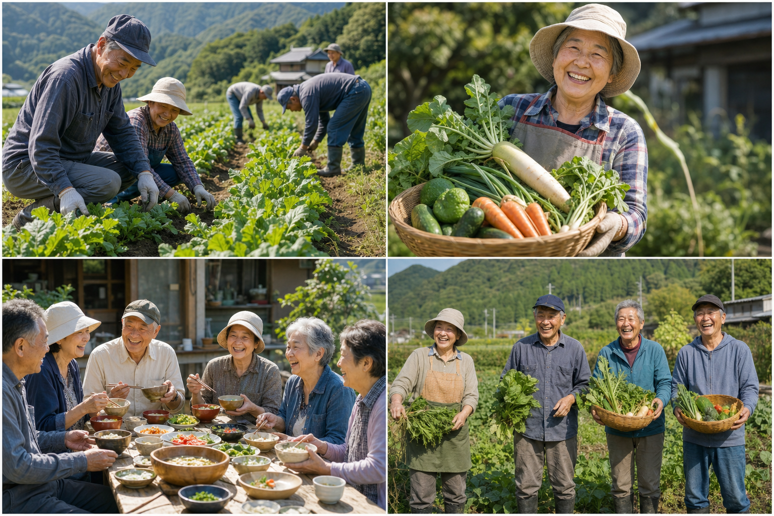 畑で野菜の手入れをする参加者たち